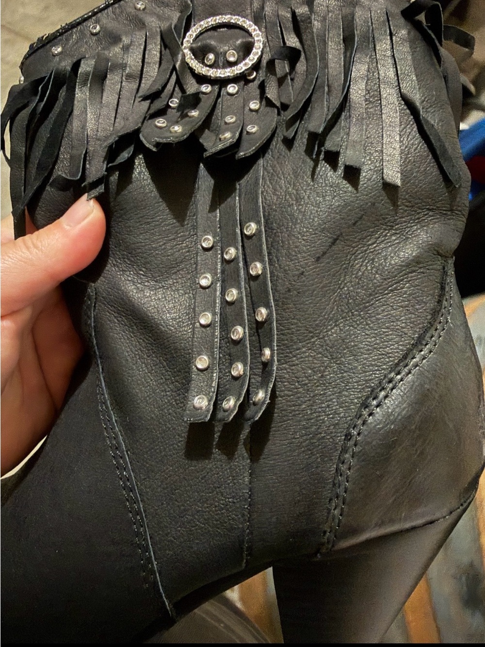 Santa Fe Boot Co Black Rhinestones Fringe Heeled Boots Size 8M - Picture 11 of 11